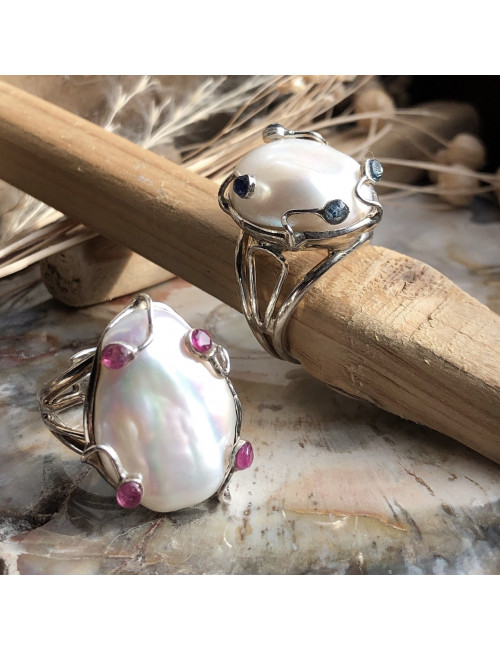 Bague ajustable en argent avec perles d'eau douce "Biwa"