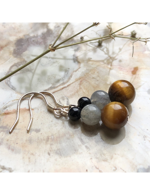 Paire de boucles d’oreilles en pierre de oeil de tigre, labradorite et tourmaline noire