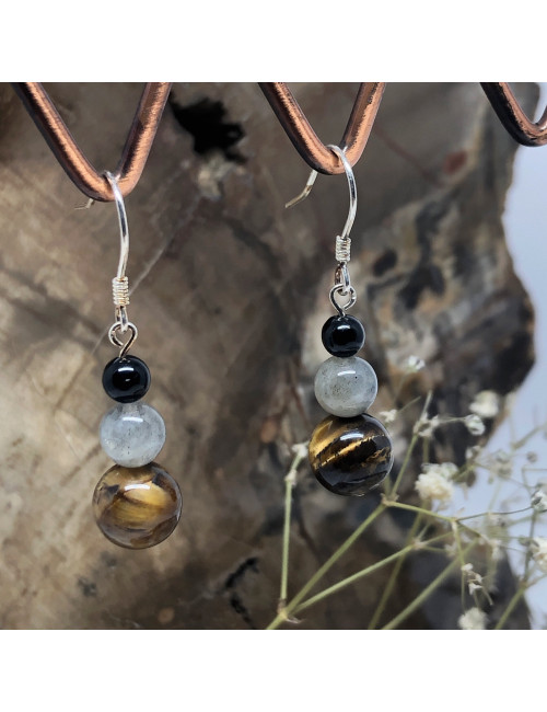 Paire de boucles d’oreilles en pierre de oeil de tigre, labradorite et tourmaline noire