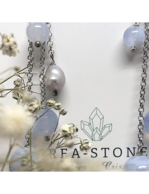 Boucles d’oreilles argent et pierre Calcédoine et Biwa