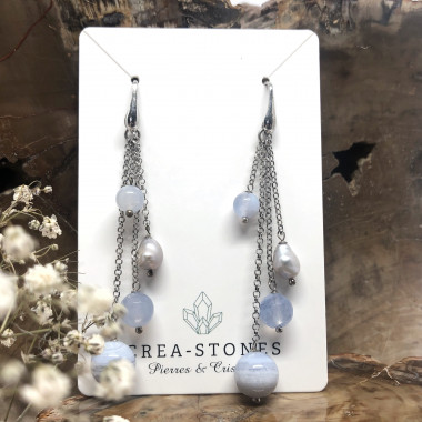 Calcédoine et Biwa, Boucles d’oreilles argent