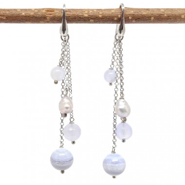 Calcédoine et Biwa, Boucles d’oreilles argent