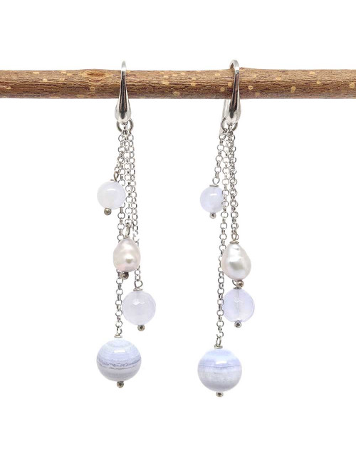 Boucles d’oreilles argent et pierre Calcédoine et Biwa