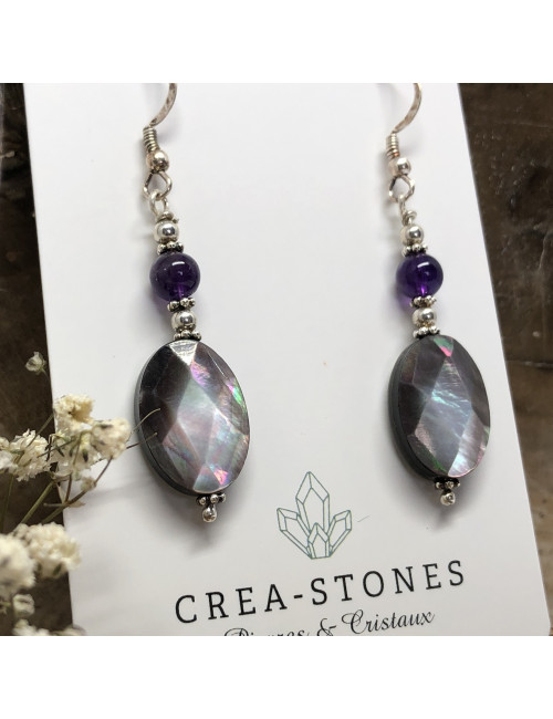 Nacre et améthyste, Boucles d’oreilles argent