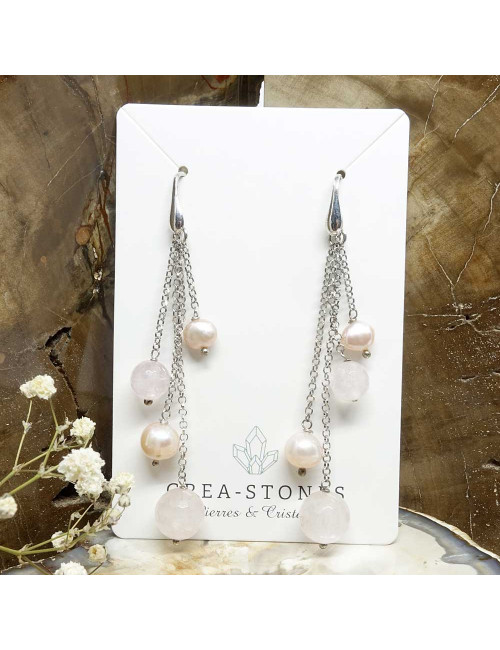Quartz rose et biwa, Boucles d'oreilles pendantes avec argent