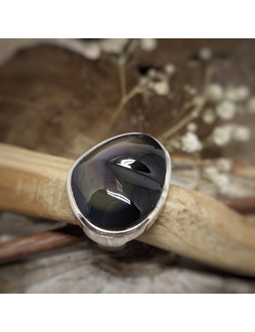 Bague en forme de cœur en obsidienne oeil céleste avec argent 925.