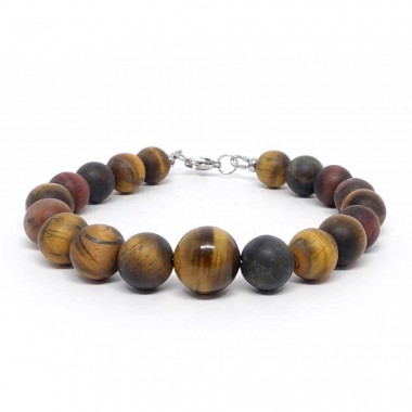 copy of Coller homme pierres 12 mm des 3 oeils (oeil de tigre, oeil de faucon et oeil de taureau) et lave